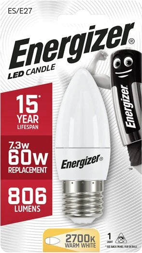 ENERGIZER LED 7.3W (60W) 806 LUMEN E27 CANDLE LAMP WARM WHITE