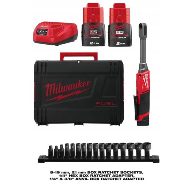 MILWAUKEE M12FPTR-202X FUEL PASS THROUGH RATCHET & SOCKET SET (2X2AH)
