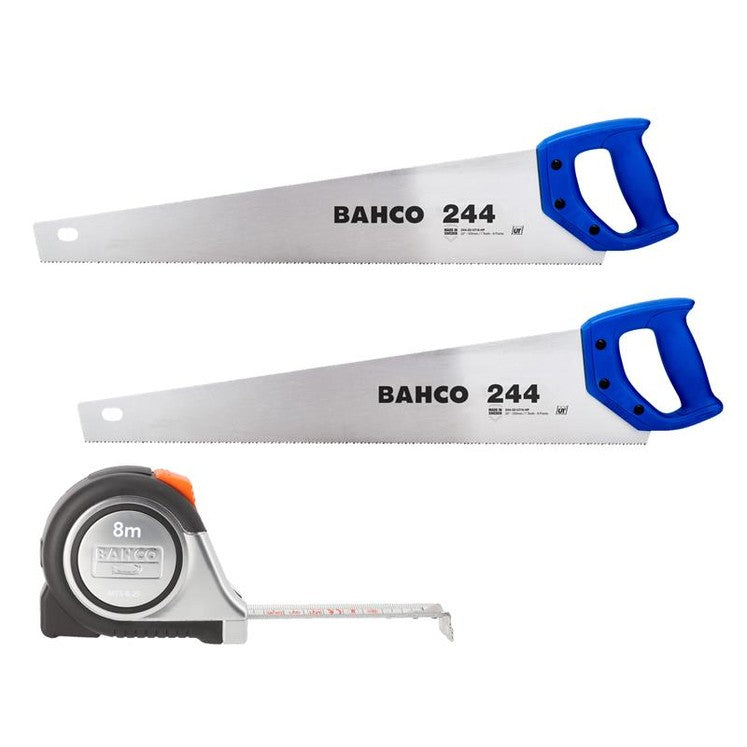 Bahco 2 x 244 22in Handsaws + 1 x MTS-8 Double-Sided Measuring Tape