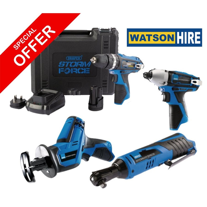 DRAPER 12V POWER TOOL BUNDLE - DRIVER, RATCHET WRENCH, IMPACT WRENCH & RECIP SAW COMBO (32792)