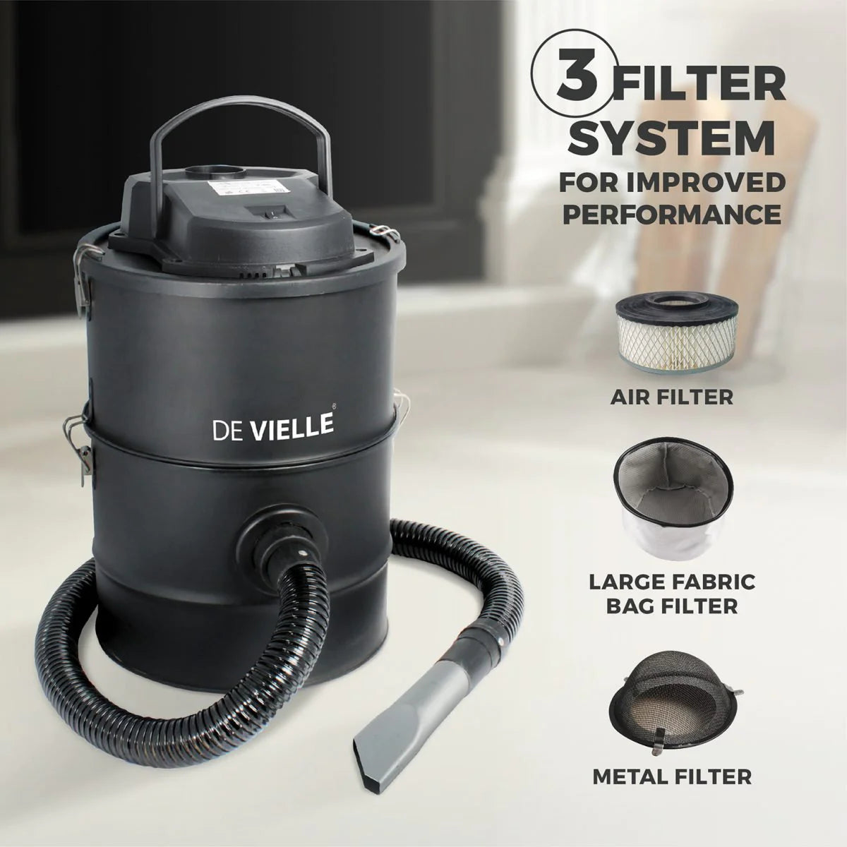 DE VIELLE DOUBLE CHAMBER- 3 FILTER ASH VAC 25LITRE 1200W (BLACK) - Watson Hire
