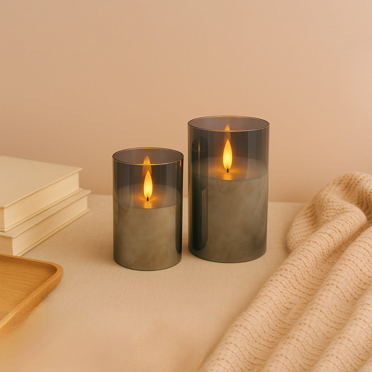 DE VIELLE FLAMELESS MEDIUM SMOKEY GREY LED GLASS CANDLE