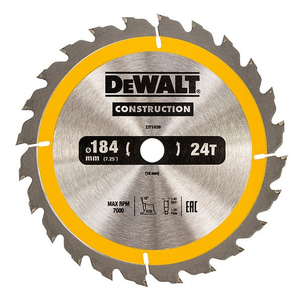 DEWALT Portable Construction Circular Saw Blade 184 x 16mm x 24T