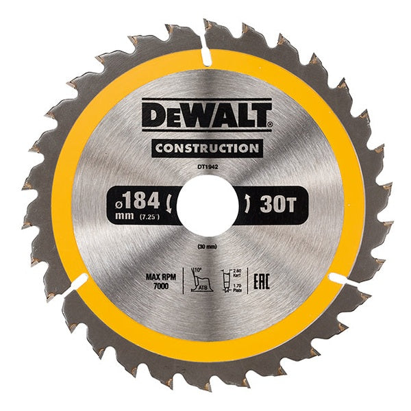 DEWALT Portable Construction Circular Saw Blade 184 x 30mm x 30T - Watson Hire