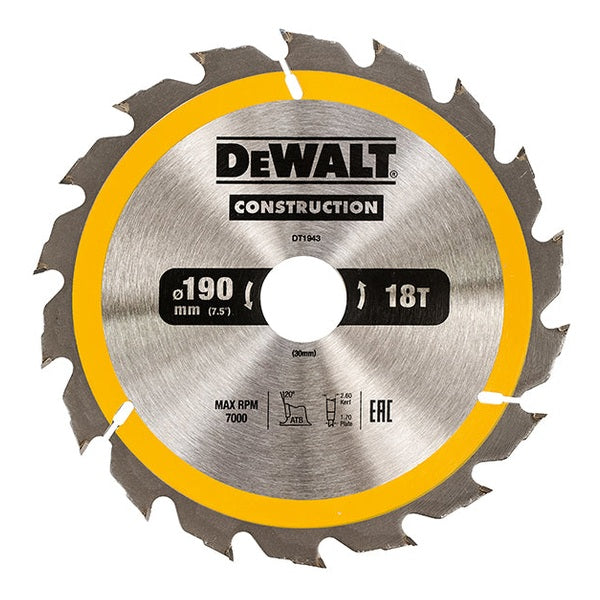 DEWALT Portable Construction Circular Saw Blade 190 x 30mm x 18T