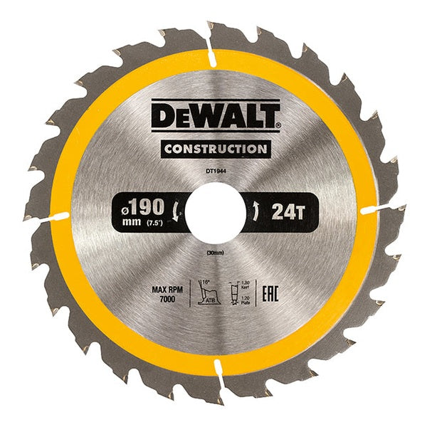 DEWALT Portable Construction Circular Saw Blade 190 x 30mm x 24T - Watson Hire