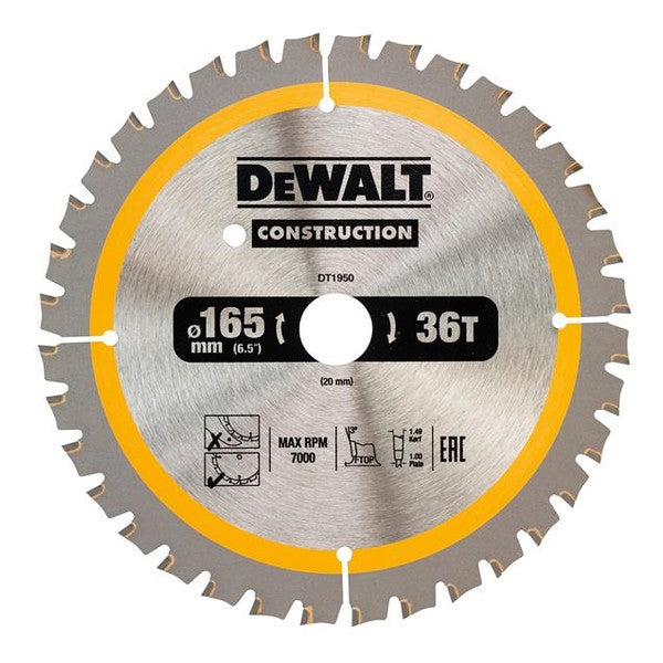 DEWALT Cordless Construction Trim Saw Blade 165 x 20mm x 36T - Watson Hire