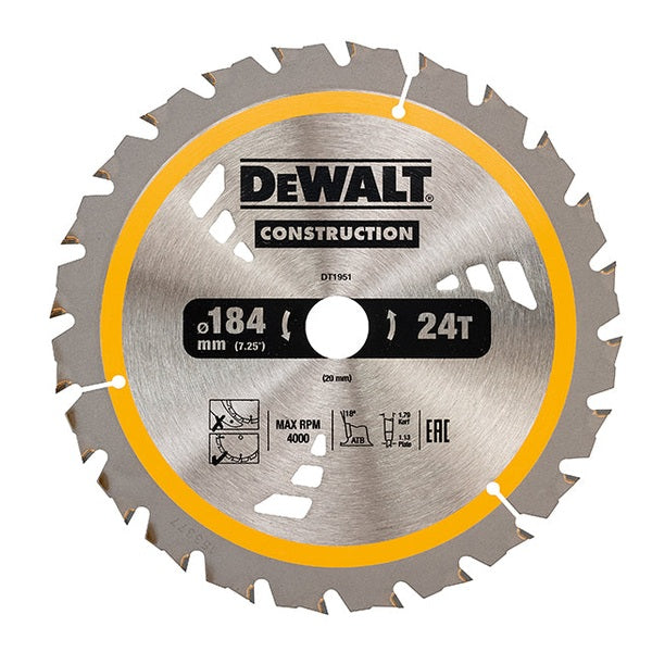 DEWALT Cordless Construction Trim Saw Blade 184 x 20mm x 24T