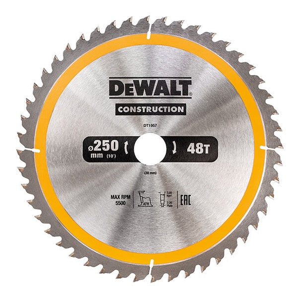 DEWALT Stationary Construction Circular Saw Blade 250 x 30mm x 48T