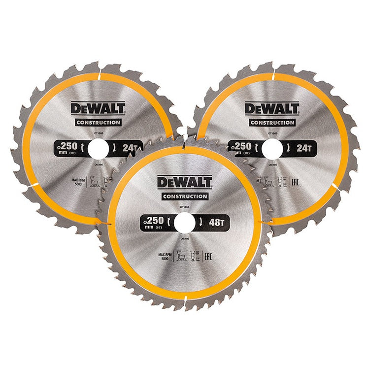DEWALT DT1963 Construction Circular Saw Blade 3 Pack 250 x 30mm x 24T/48T