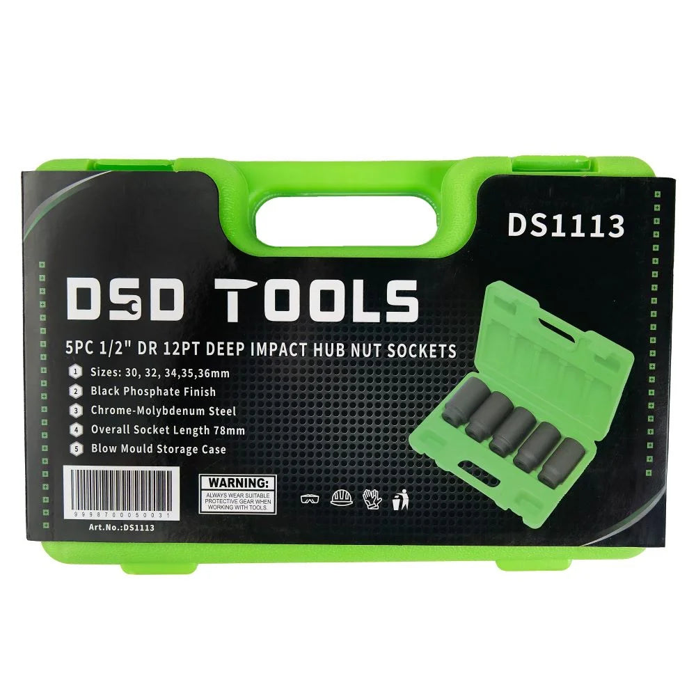 DSD TOOLS 5PC 1/2" DR 12PT DEEP IMPACT HUB NUT SOCKETS
