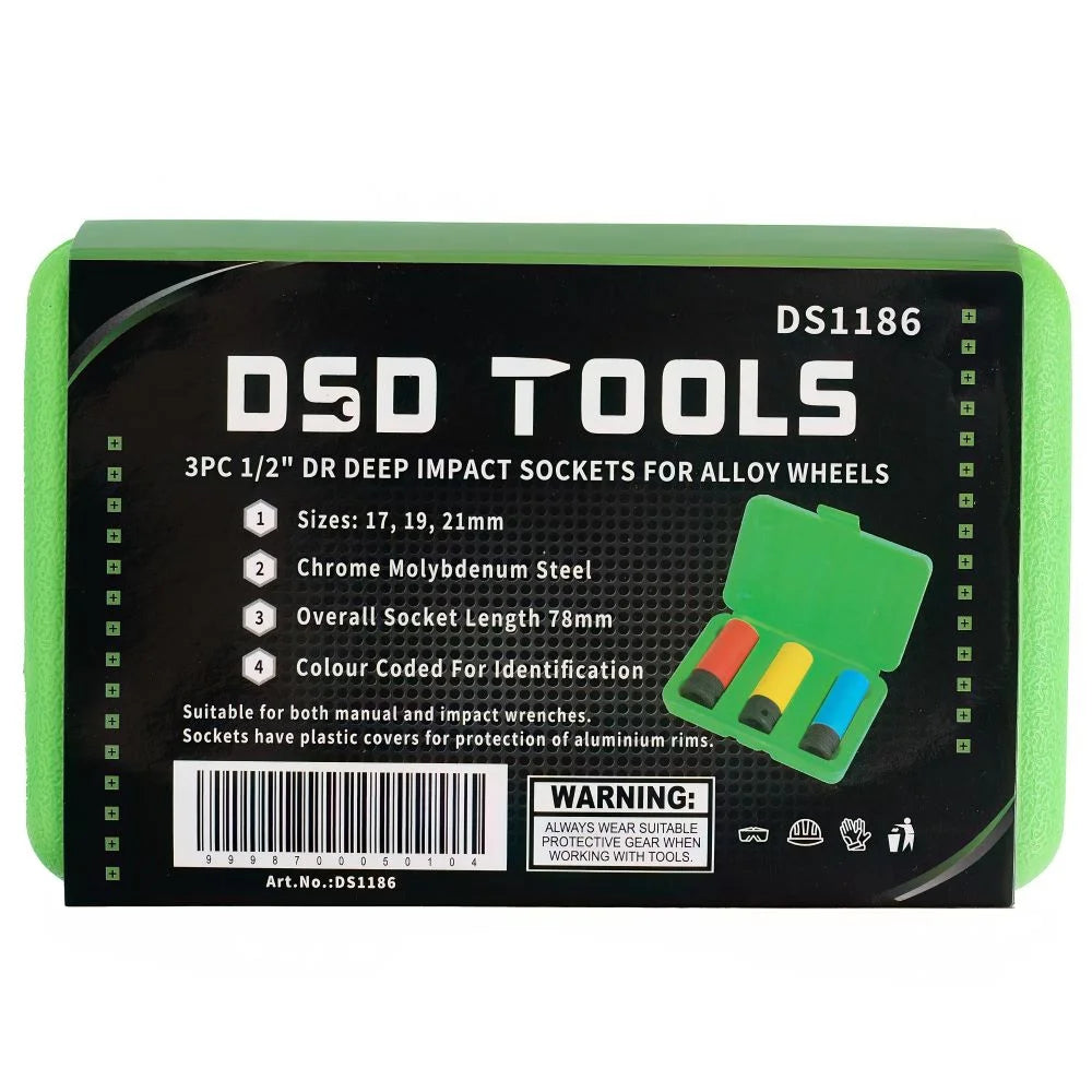 DSD TOOLS 3PC 1/2" DR DEEP IMPACT SOCKETS FOR ALLOY WHEELS