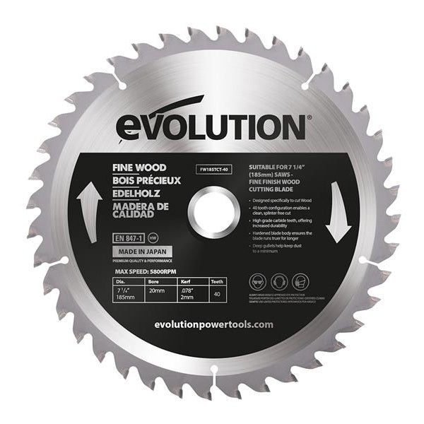 Evolution Fine Wood Mitre/Table Saw Blade 185 x 20mm x 40T - Watson Hire