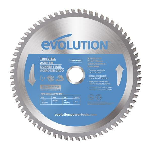 Evolution Thin Steel Cutting Circular Saw Blade 185 x 20mm x 68T