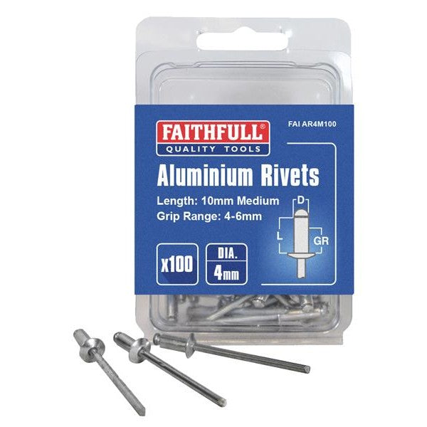 Faithfull Aluminium Rivets 4 x 10mm Medium Pre-Pack of 100 - Watson Hire
