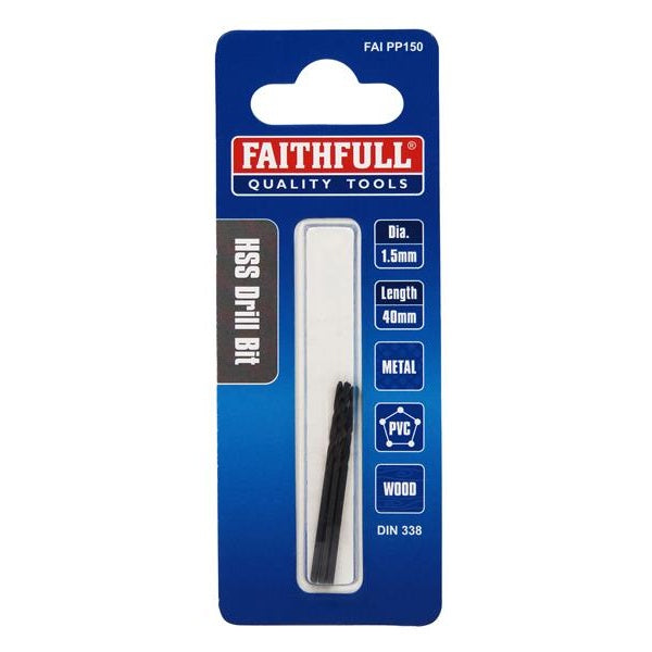 Faithfull HSS Jobber Drill Bits Pre Pack (3) 1.50mm OL:40mm WL:18mm - Watson Hire