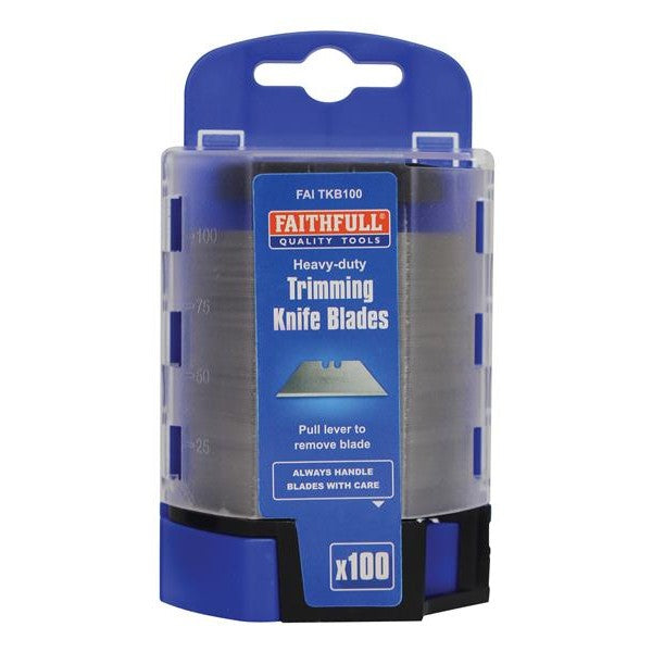 Faithfull Heavy-Duty Trimming Knife Blades (Box 100) in safe storage dispenser