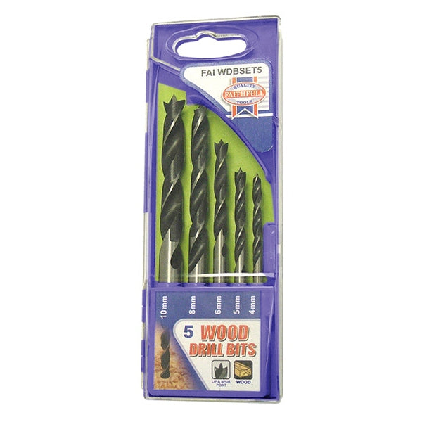 Faithfull Lip & Spur Wood Drill Bit Set, 5 Piece 4-10mm