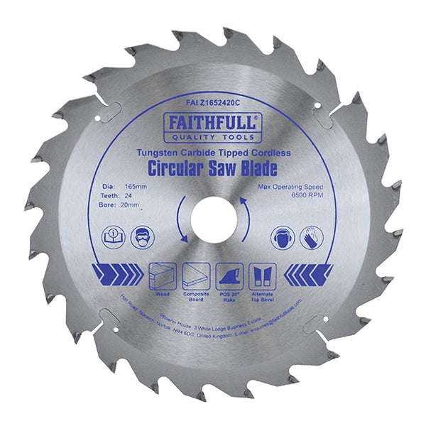 Faithfull TCT Cordless Trimsaw Blade 165 x 20mm x 24T POS