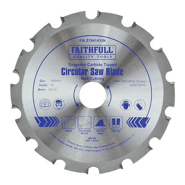 Faithfull TCT Circular Saw Blade Nail Cutting 184 x 30mm x 14T NEG - Watson Hire