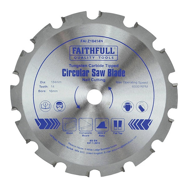 Faithfull TCT Circular Saw Blade Nail Cutting 184 x 16mm x 14T NEG