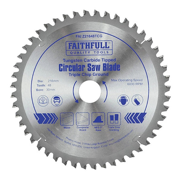 Faithfull TCT Circular Saw Blade Triple Chip Ground 216 x 30mm x 48T NEG