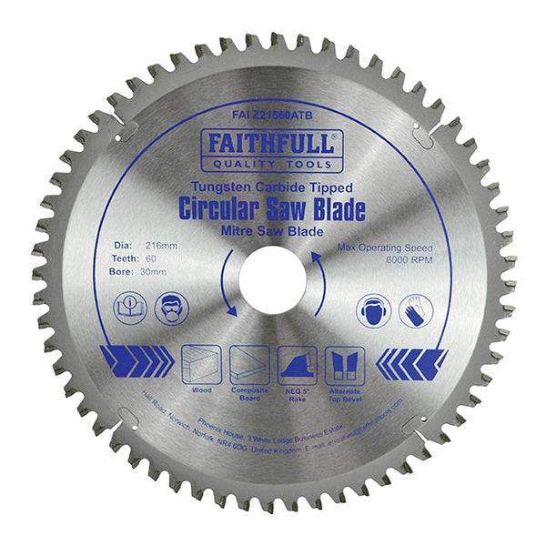 Faithfull TCT Cross Cut Mitre Saw Blade 216 x 30mm x 60T NEG