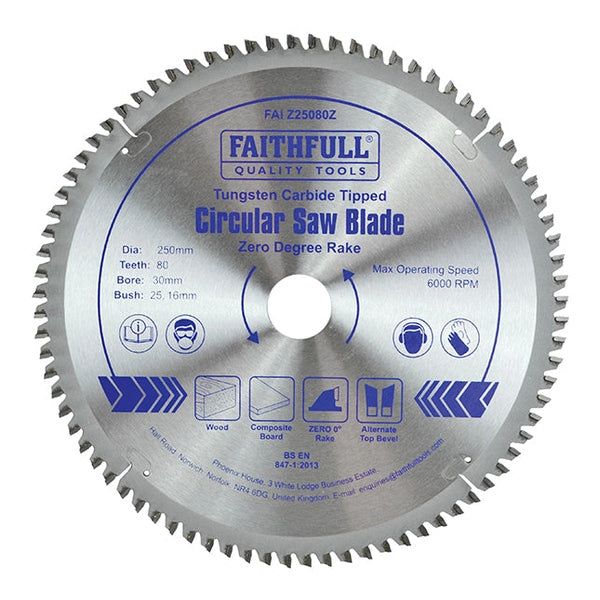 Faithfull TCT Circular Saw Blade Zero Degree 250 x 30mm x 80T