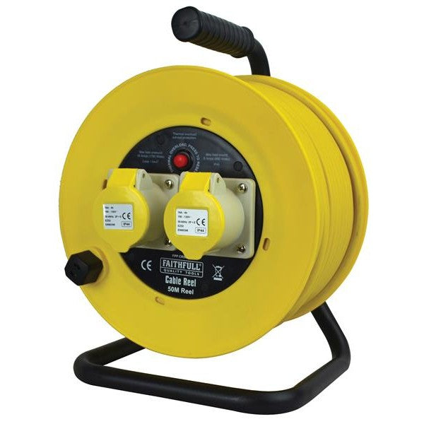 Faithfull Power Plus Open Drum Cable Reel 110V 16A 2-Socket 50m (1.5mm Cable)