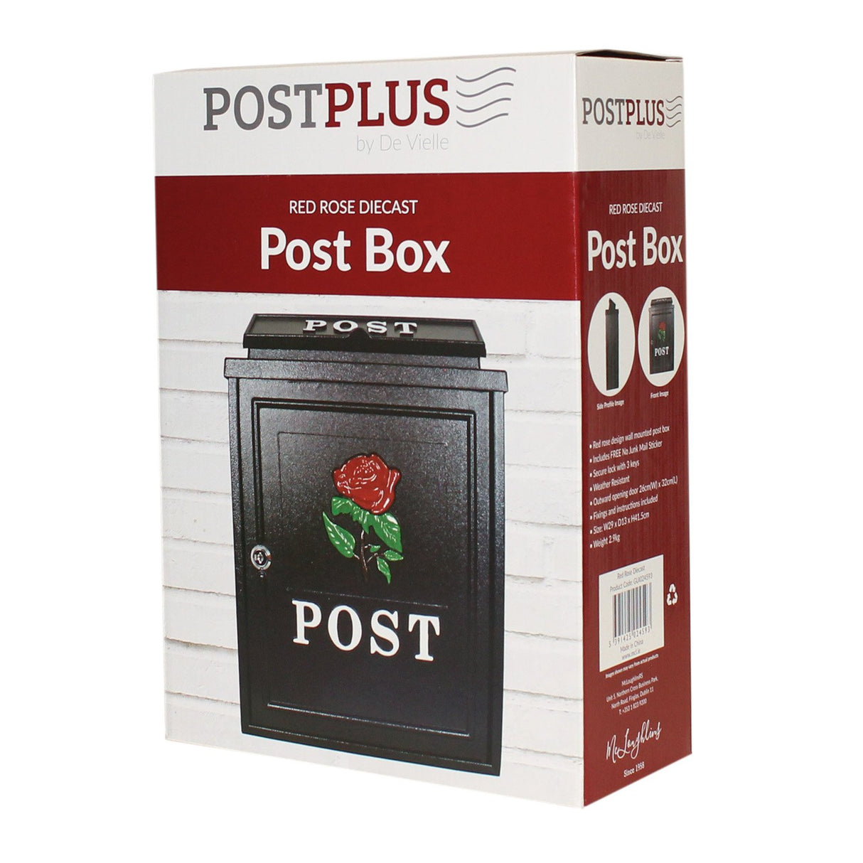 POSTPLUS RED ROSE DIECAST POST BOX BLACK