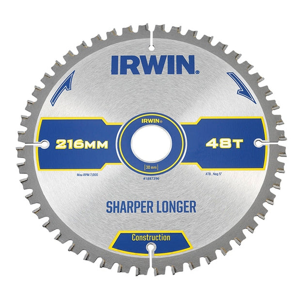 IRWIN® Construction Mitre Circular Saw Blade 216 x 30mm x 48T ATB/Neg