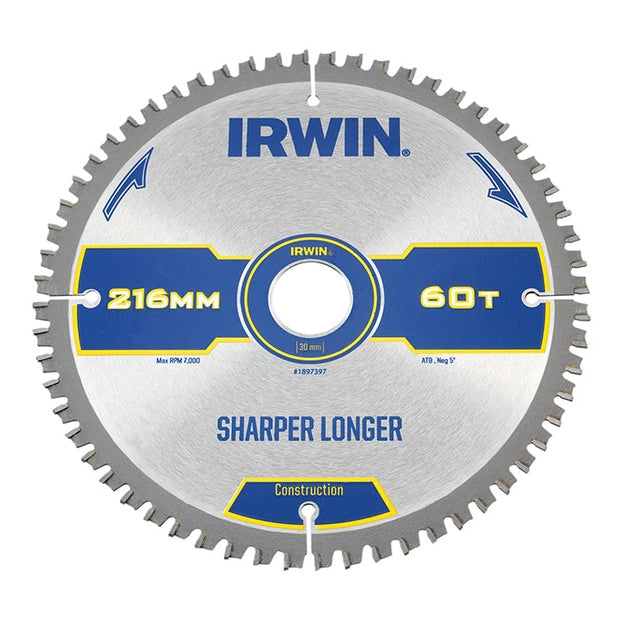 IRWIN® Construction Mitre Circular Saw Blade 216 x 30mm x 60T ATB/Neg