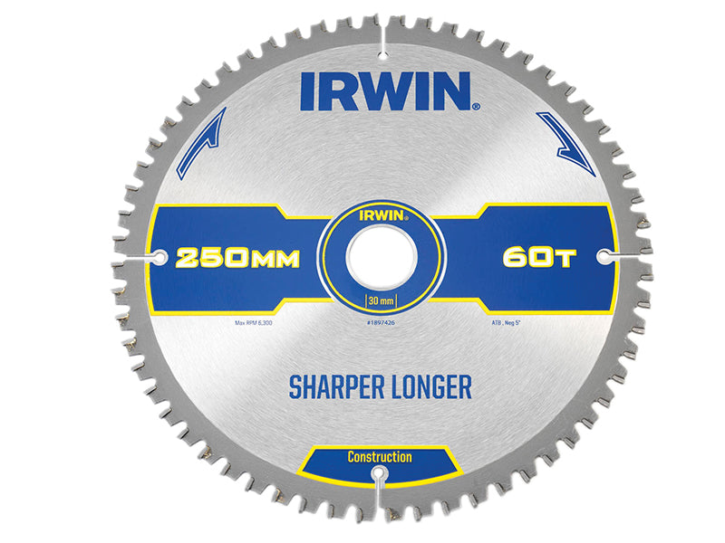 IRWIN® Construction Mitre Circular Saw Blade 250 x 30mm x 60T ATB/Neg - Watson Hire