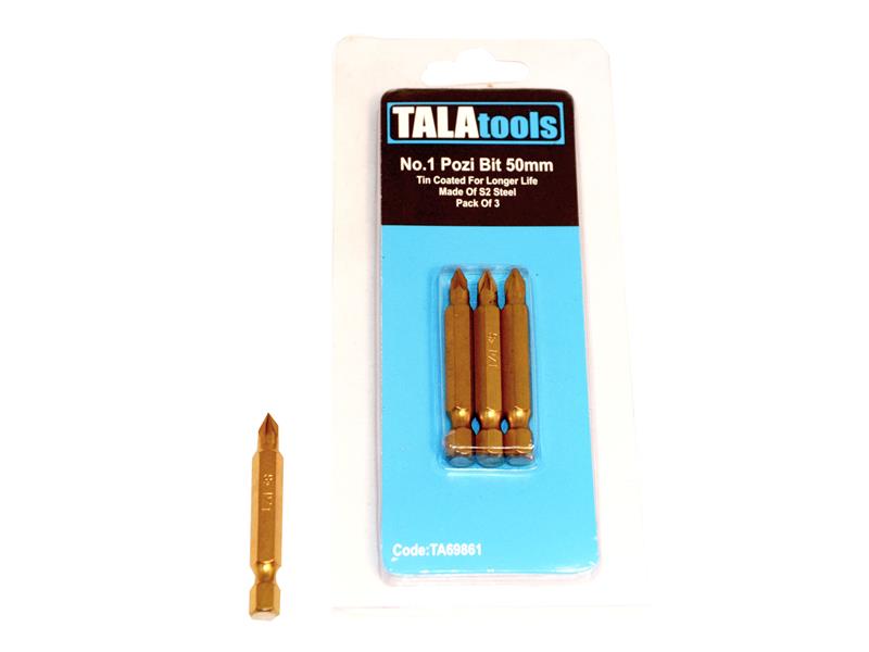 TALAtools TiN Coated Screwdriver Bits Pozidriv PZ1 50mm (Pack 3)