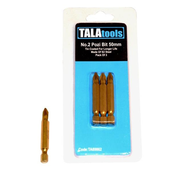 TALAtools TiN Coated Screwdriver Bits Pozidriv PZ2 50mm (Pack 3)