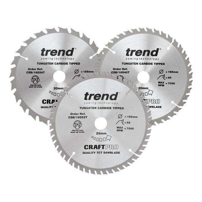 Trend CraftPro Cordless Saw Blade 165 x 20mm x 24T/40T/52T (Pack 3)