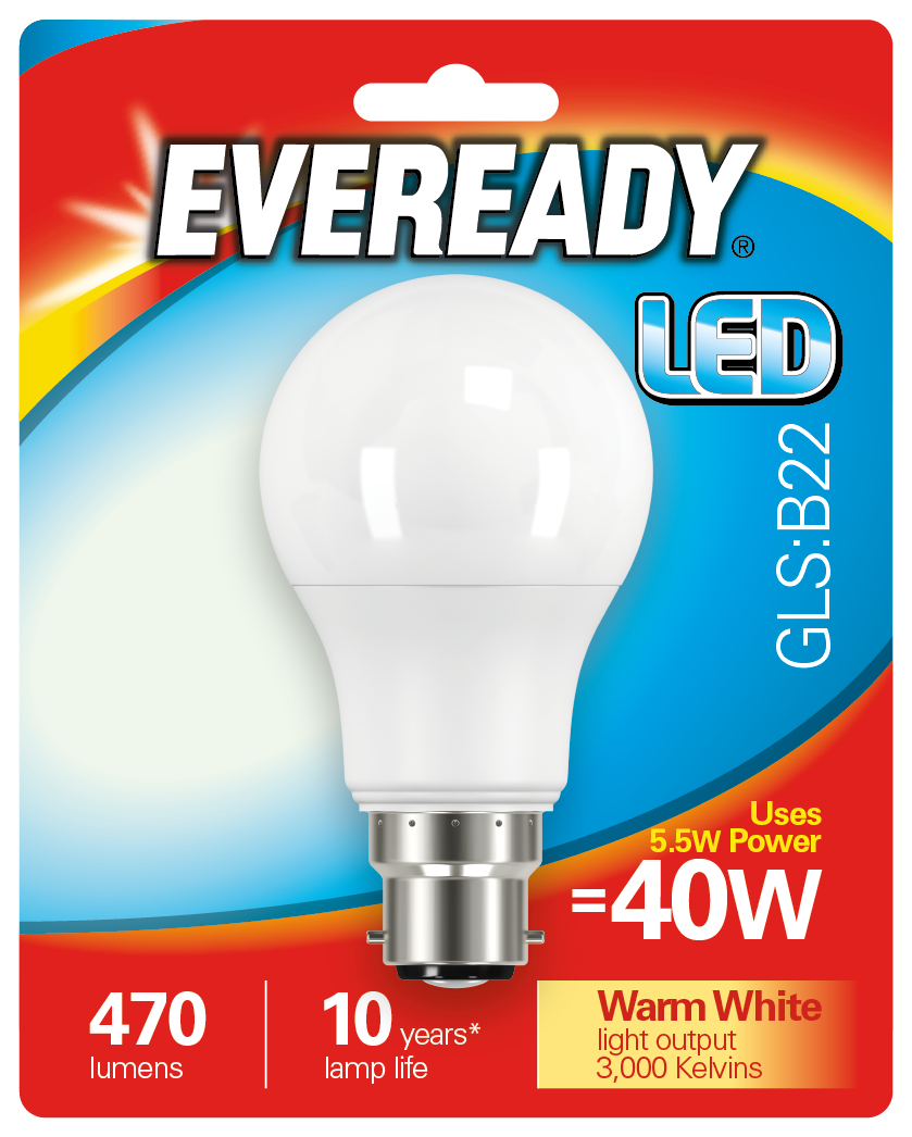 EVEREADY 5.5W (40W) B22 LED GLS 470 LUMENS