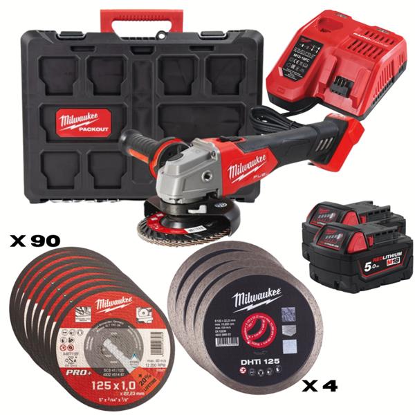 MILWAUKEE M18FSAG125XB100P-502P 18V FUEL 125MM BRAKING GRINDER (2X5.0AH) WITH FREE DISCS