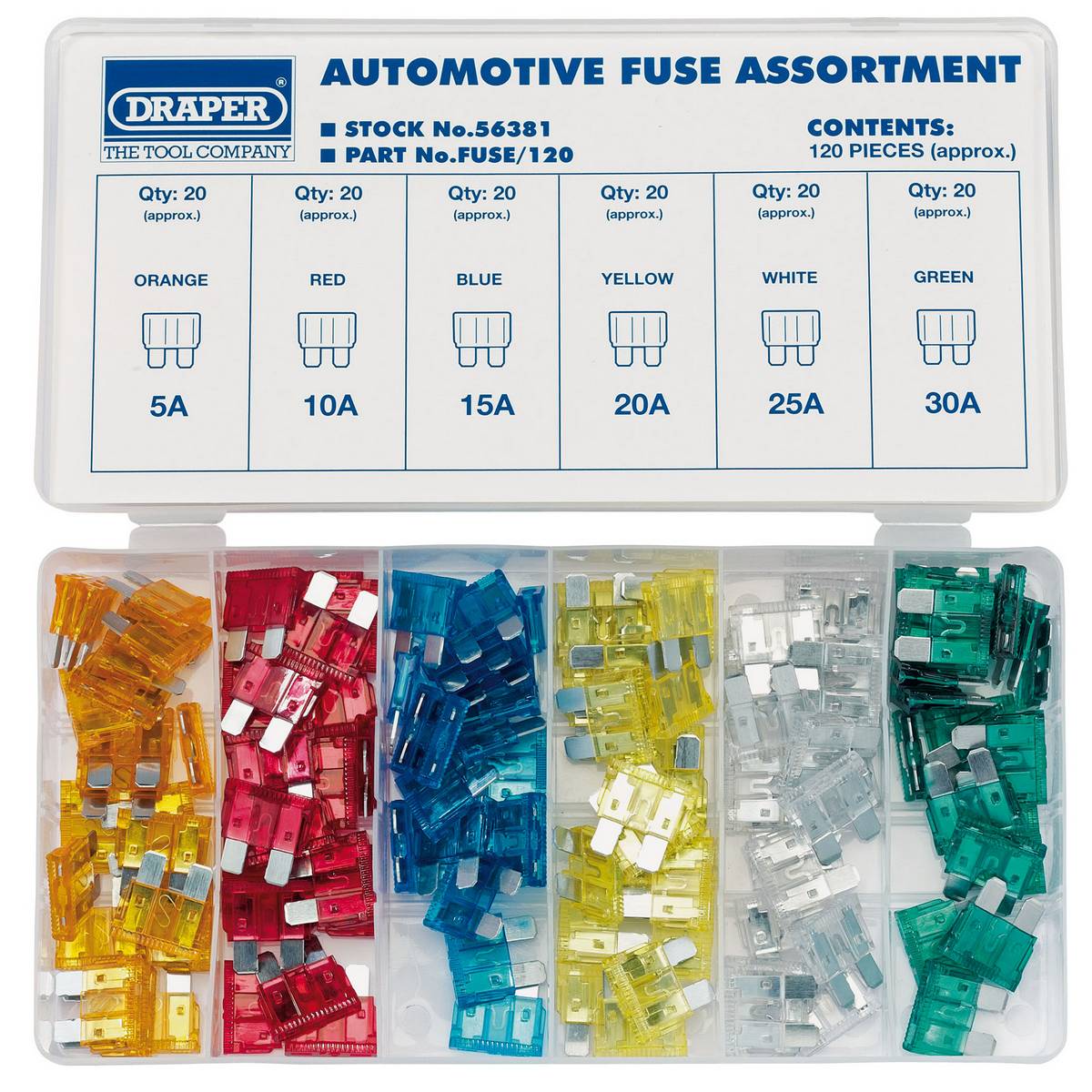 DRAPER STANDARD AUTOMOTIVE PLUG-IN FUSE ASSORTMENT (120 PIECE)