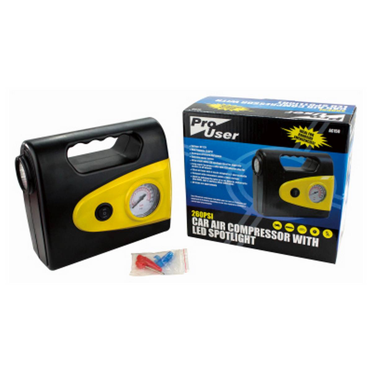 PRO USER 260PSI CAR AIR COMPRESSOR WITH LED SPOTLIGHT BB-AC150