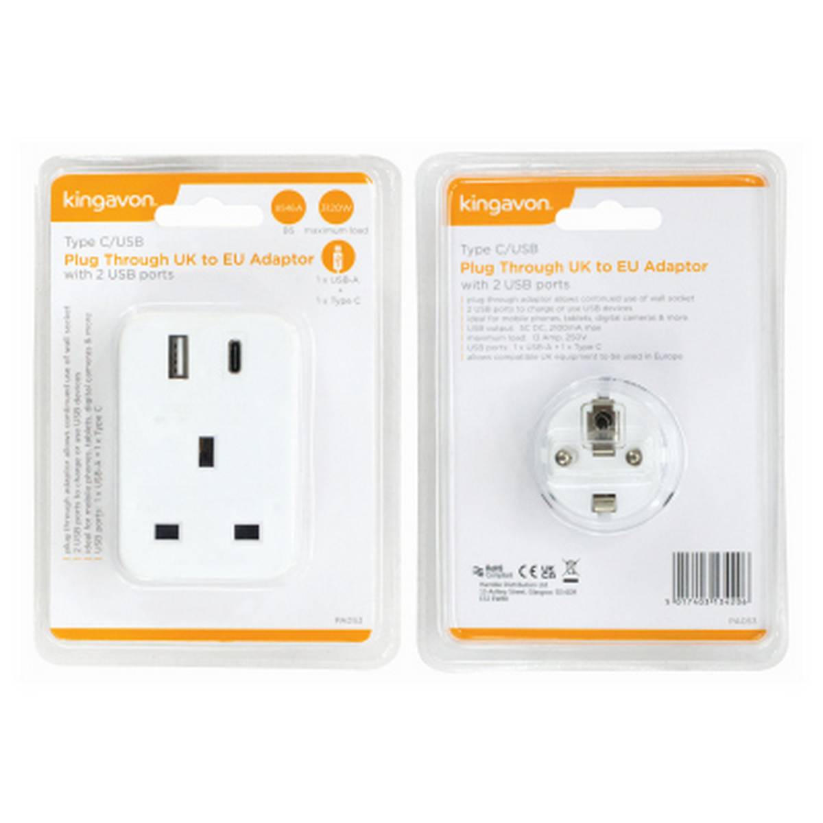 KINGAVON TYPE C/USB PLUG THROUGH UK TO EU ADAPTOR BB-PA053