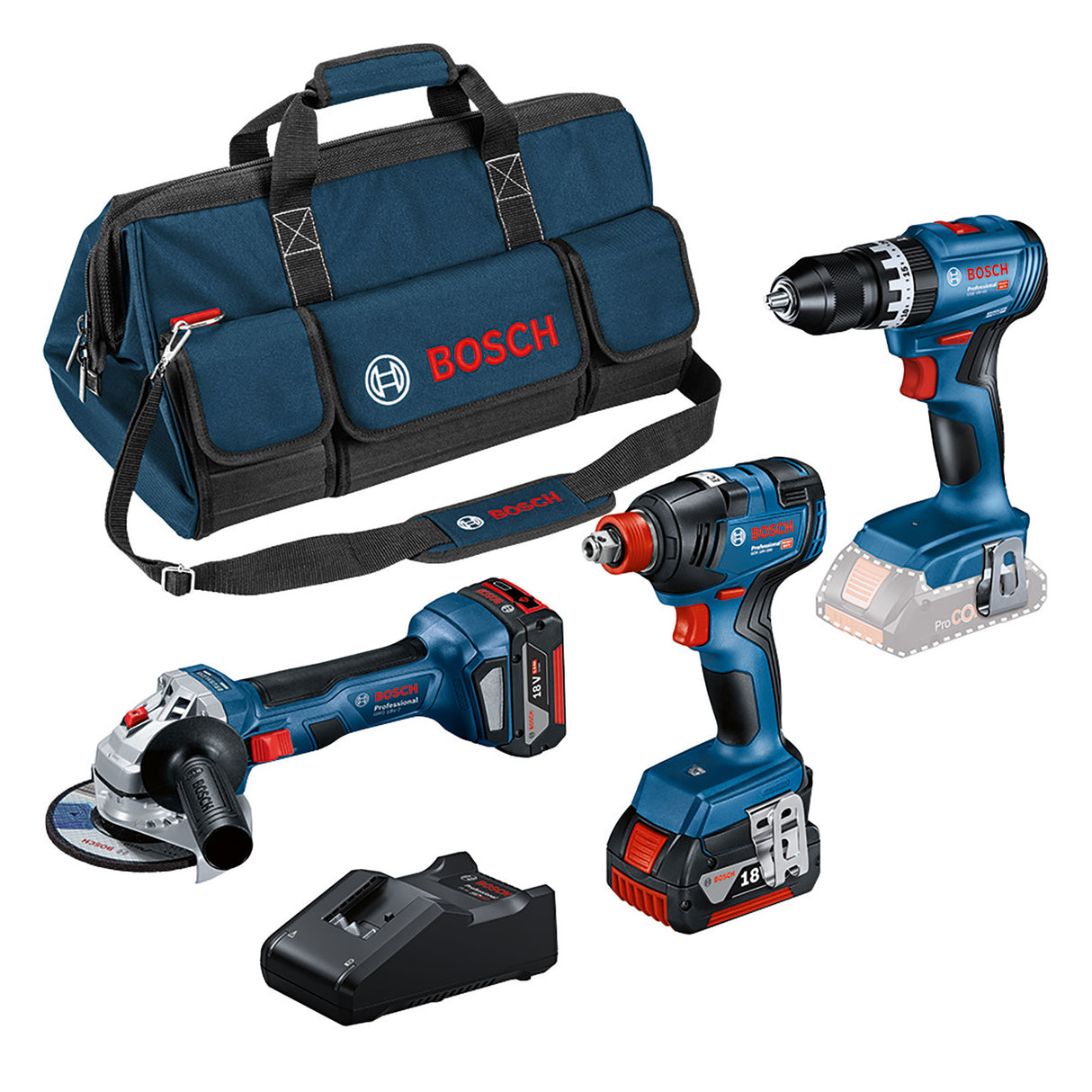 BOSCH 18V KIT GSB + GDX +GWS WITH 2 X5AH BATTERIES