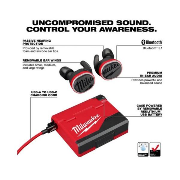 MILWAUKEE L4 RLEPB-301 REDLITHIUM USB BLUETOOTH JOBSITE EAR BUDS WITH HEARING PROTECTION