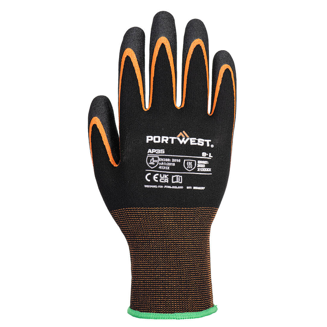 PORTWEST GRIP 15 NITRILE DOUBLE PALM BK/OR /LARGE