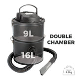 DE VIELLE DOUBLE CHAMBER- 3 FILTER ASH VAC 25LITRE 1200W (BLACK) - Watson Hire