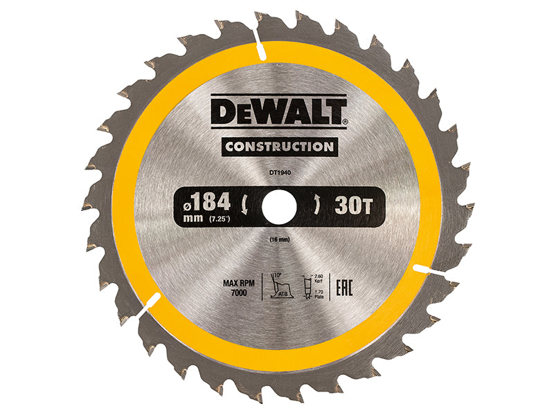 DEWALT Portable Construction Circular Saw Blade 184 x 16mm x 30T