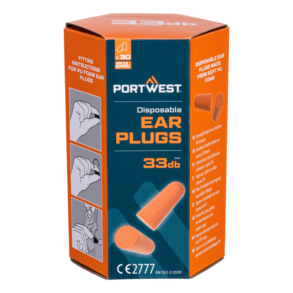 PORTWEST PU FOAM EAR PLUGS 30 PAIRS ORANGE