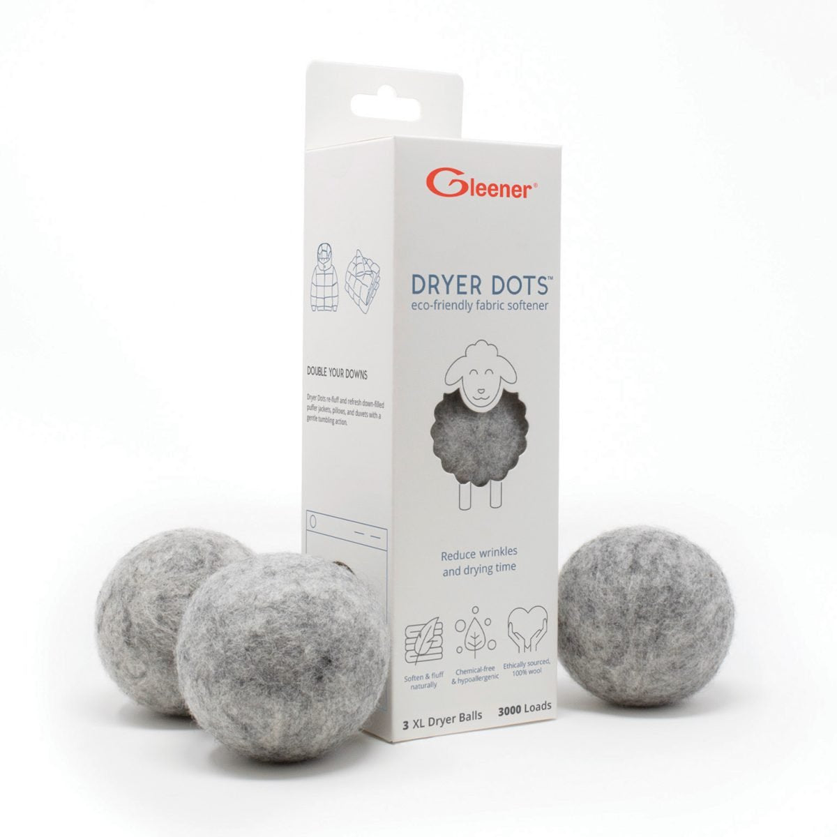 GLEENER 3PK 100% WOOL DRYER DOTS