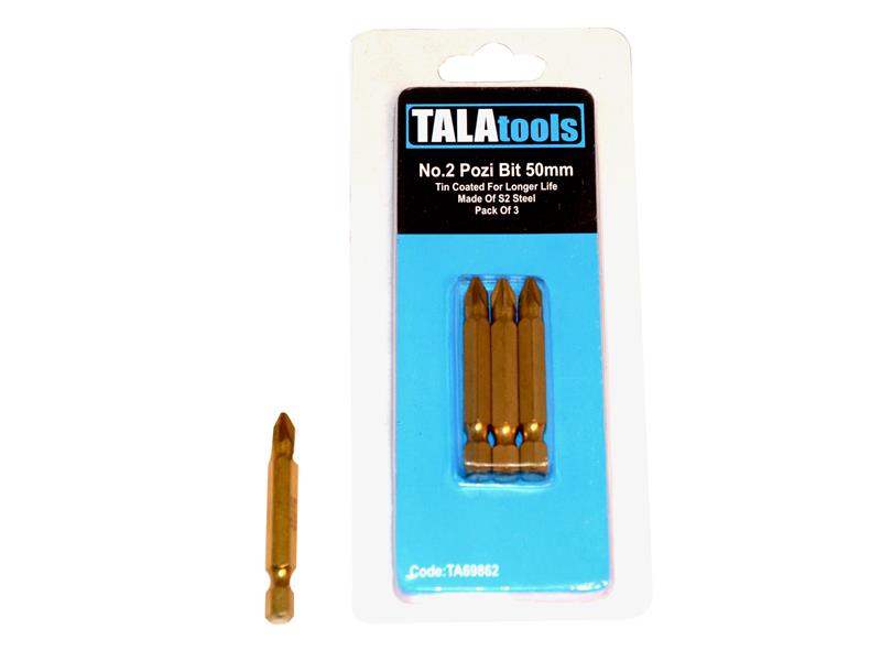 TALAtools TiN Coated Screwdriver Bits Pozidriv PZ2 50mm (Pack 3)