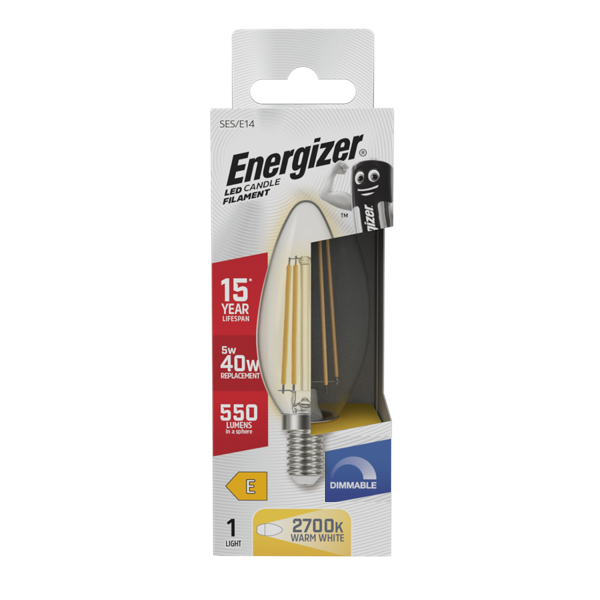 ENERGISER 5W  40W  E14 LED CANDLE FILAMENT WARM WHITE DIMMABLE 470 LUMENS